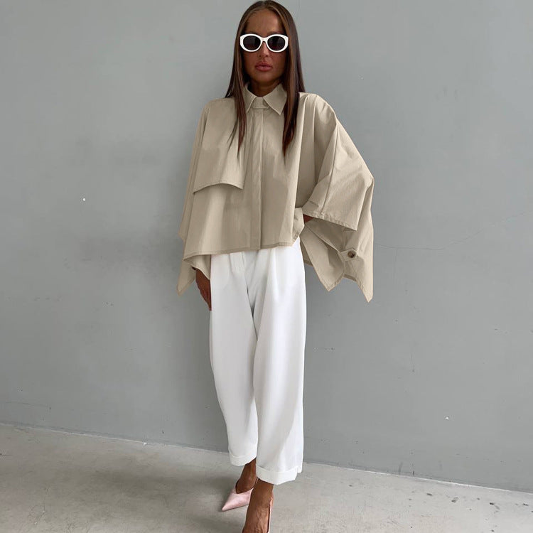 Women’s khaki spring casual loose-fit batwing sleeve cardigan shirt from Wanita Store, stylish and comfortable for everyday wear.