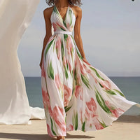 Pink printed V-neck backless A-line dress for women, perfect for spring and summer seaside romantic vacations.