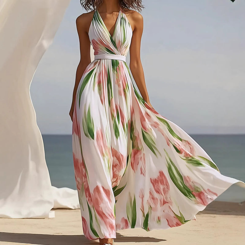 Pink printed V-neck backless A-line dress for women, perfect for spring and summer seaside romantic vacations.