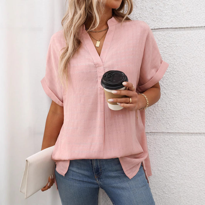 Pink women's V-neck short sleeve striped plaid shirt by Wanita Store, relaxed fit, perfect for summer casual wear.