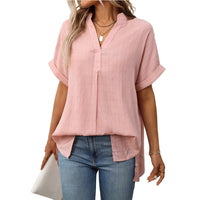 Pink women's V-neck short sleeve striped plaid shirt by Wanita Store, loose fit, perfect for summer casual wear.