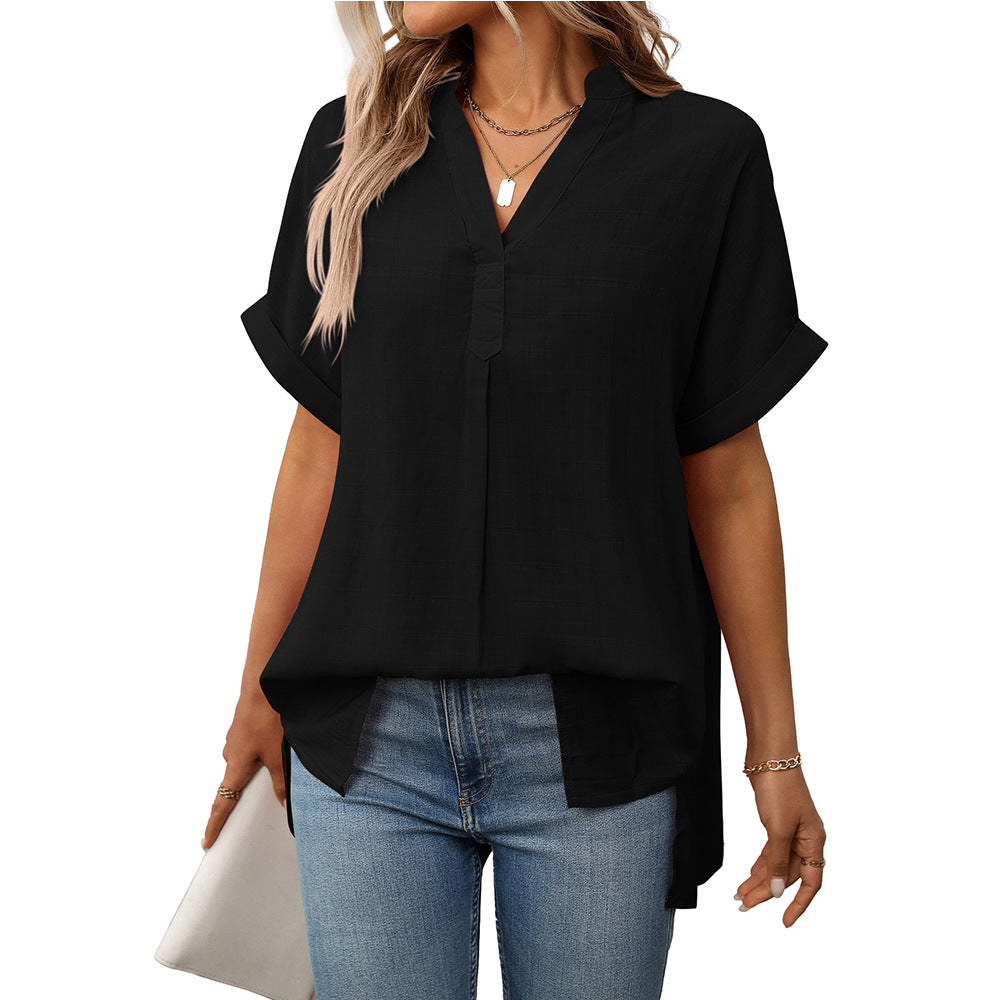 Pink women's summer V-neck short sleeve striped plaid shirt by Wanita Store, loose fit, casual style.