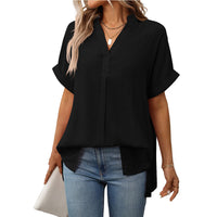 Pink women's summer V-neck short sleeve striped plaid shirt by Wanita Store, loose fit, casual style.