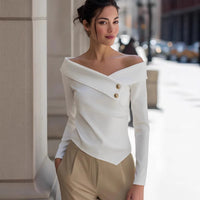 Elegant white women's off-shoulder long sleeve top from Wanita Store, perfect for spring and autumn, solid color and stylish design.