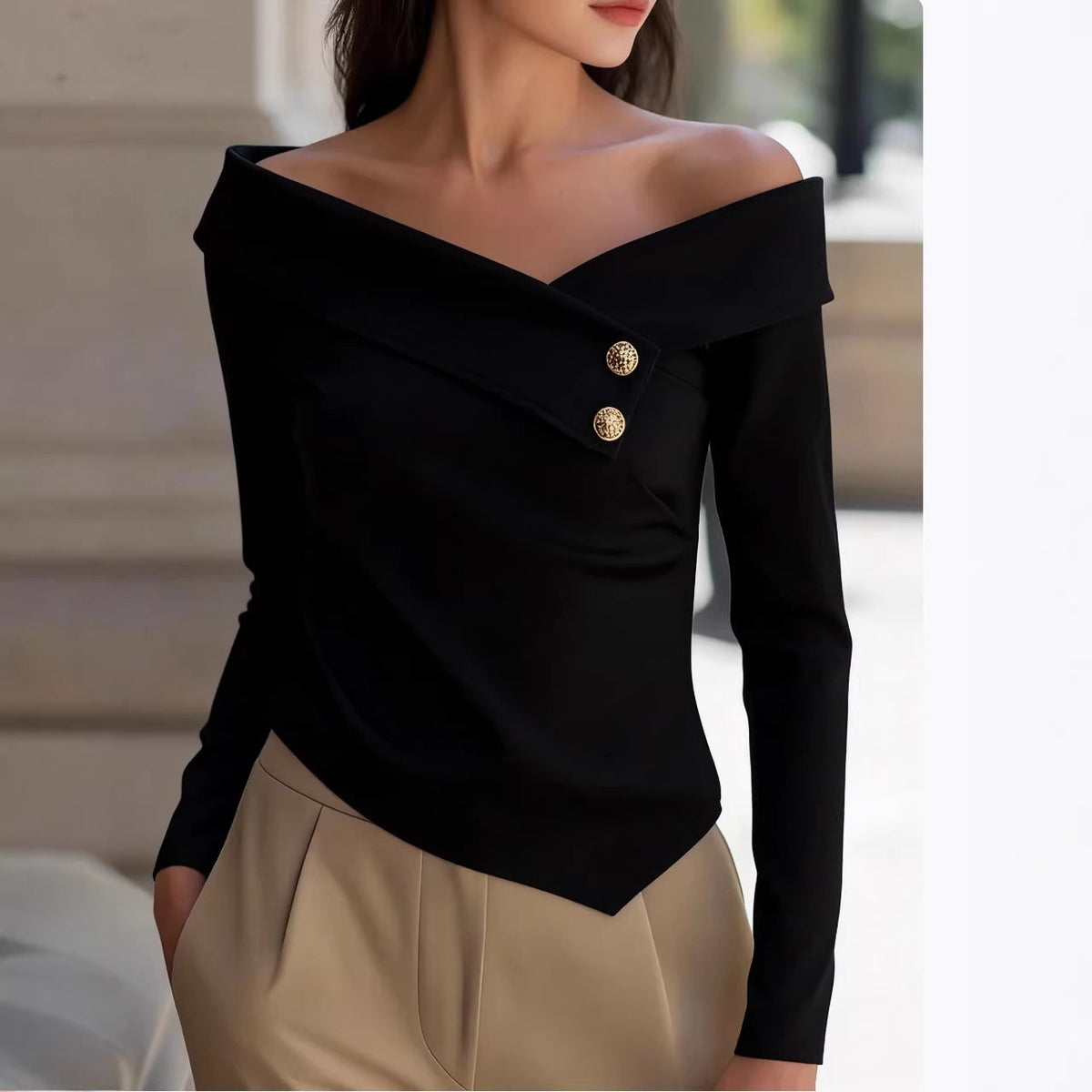 Elegant white women's off-shoulder long sleeve top from Wanita Store, perfect for spring and autumn, solid color, stylish and graceful.