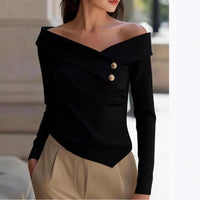 Elegant white women's off-shoulder long sleeve top from Wanita Store, perfect for spring and autumn, solid color, stylish and graceful.