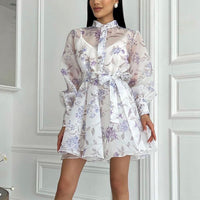 Women’s white elegant A-line cami dress with stand collar, long sleeves, lace printing, perfect for stylish occasions.