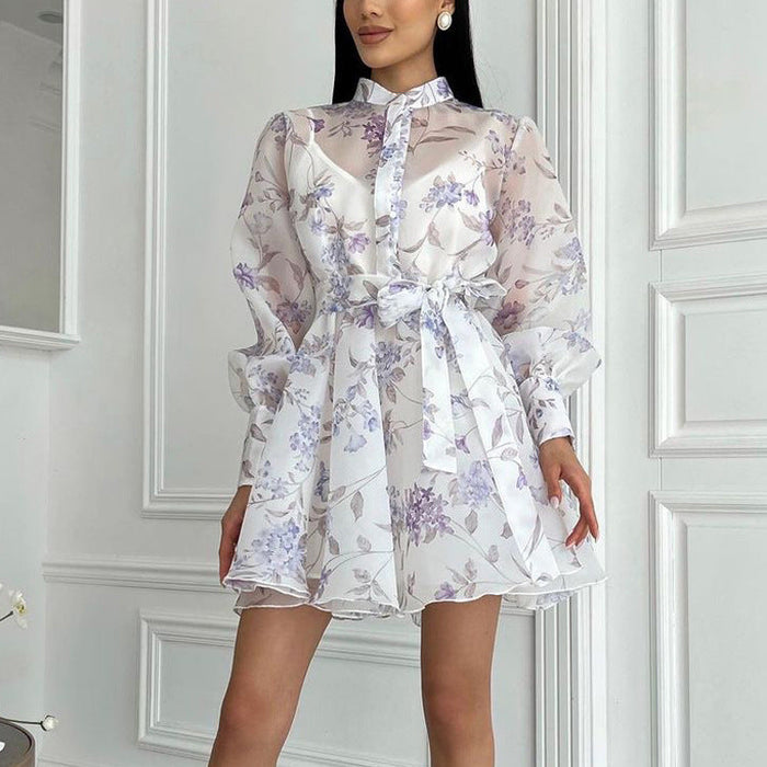 Women’s white elegant A-line cami dress with stand collar, long sleeves, lace printing, perfect for stylish occasions.