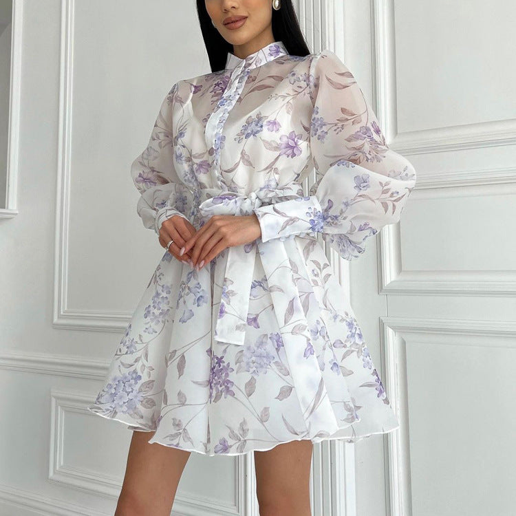 Women’s white elegant stand collar long sleeve lace printing A-line cami dress, stylish and sophisticated for women.