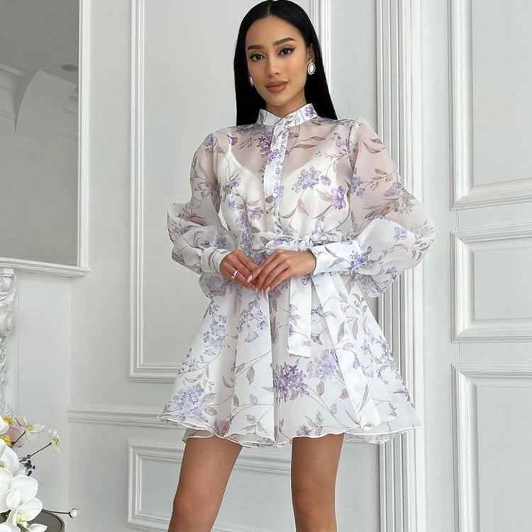 Women’s elegant white A-line cami dress with stand collar, long sleeves, lace printing by Wanita Store