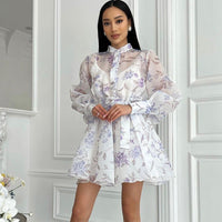 Women’s elegant white A-line cami dress with stand collar, long sleeves, lace printing by Wanita Store