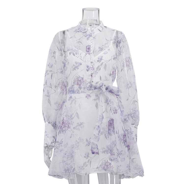 Women’s elegant white A-line cami dress with long sleeves, stand collar, lace printing, perfect for stylish occasions.