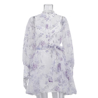 Women’s elegant white A-line cami dress with long sleeves, stand collar, lace printing, perfect for stylish occasions.