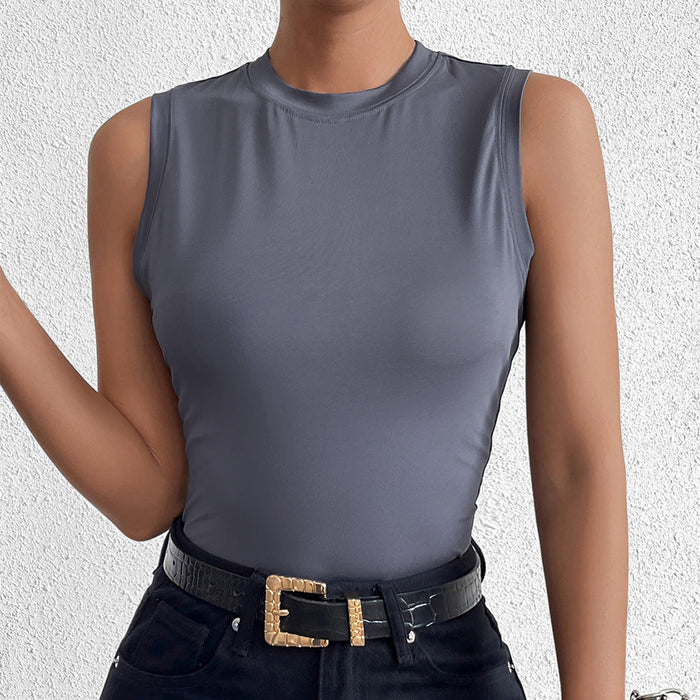 Black Wanita Store summer sleeveless milk silk vest with round neck, slim fit, outdoor style, lightweight inner top for women.
