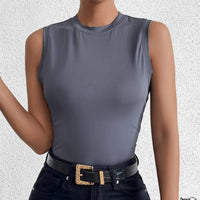 Black summer sleeveless milk silk vest with round neck, slim fit, and refined design, ideal for outdoor wear and layering.