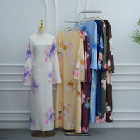 Watercolour Floral Washed-Crinkle Wide-Sleeve Maxi Dress(MS473)