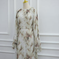 Watercolour Print Double-Layer Flared-Sleeve Maxi Dress(MS479)