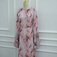 Watercolour Print Double-Layer Flared-Sleeve Maxi Dress(MS479)