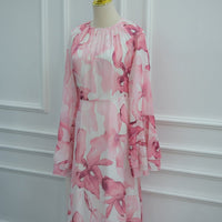Watercolour Print Double-Layer Flared-Sleeve Maxi Dress(MS479)