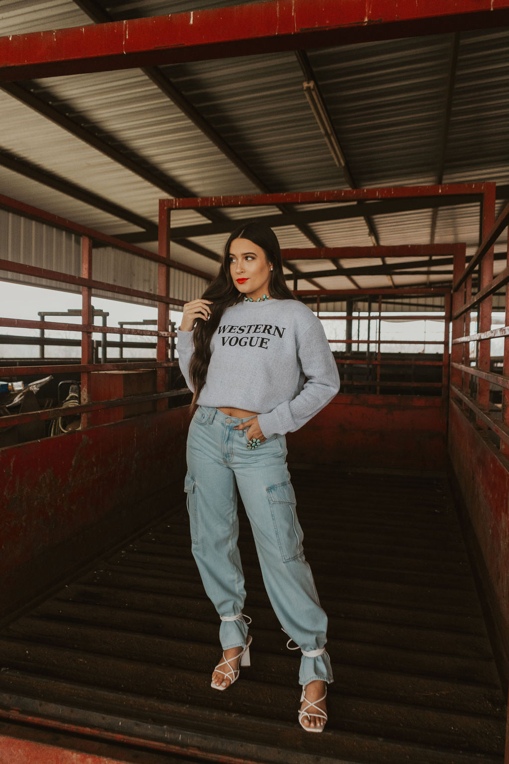 Women’s Denton Denim Cargo Jeans by Western Vogue Boutique, featuring classic denim fabric and multi-pocket cargo style.