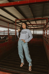 Women’s Denton Denim Cargo Jeans by Western Vogue Boutique, featuring classic denim fabric and multi-pocket cargo style.