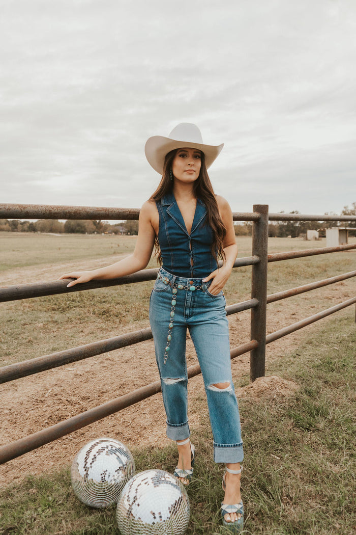 Wrangler Wild West women’s denim jeans, stylish Western Vogue Boutique bottoms with classic denim wash and fit.