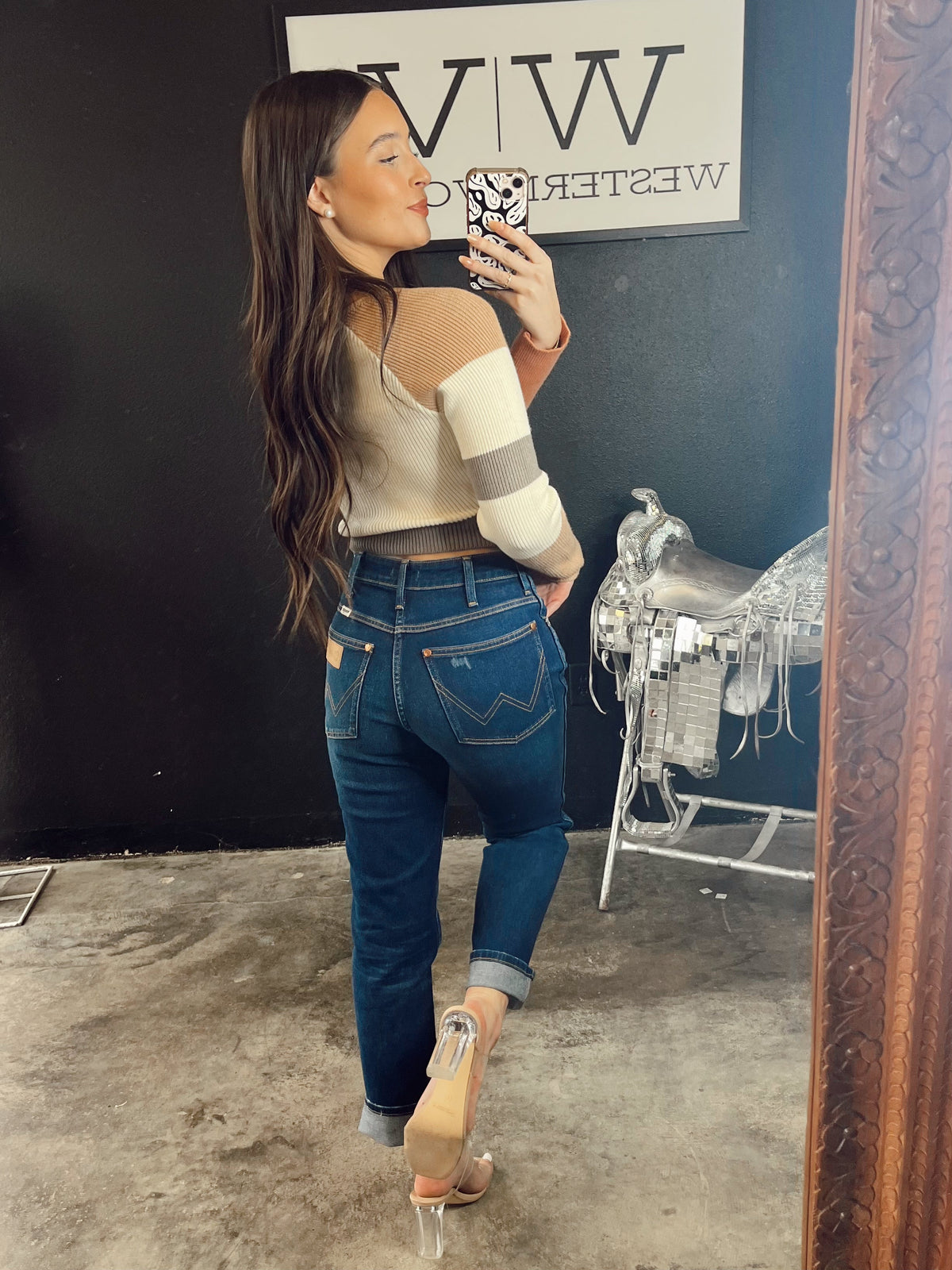Wrangler Wild West Wonder Women denim bottoms featuring classic Western style and distressed details, black high-waisted jeans.