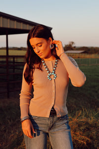 Khaki Chelsea cardigan, Western Vogue Boutique outerwear, featuring a cozy, stylish knit design perfect for casual wear.