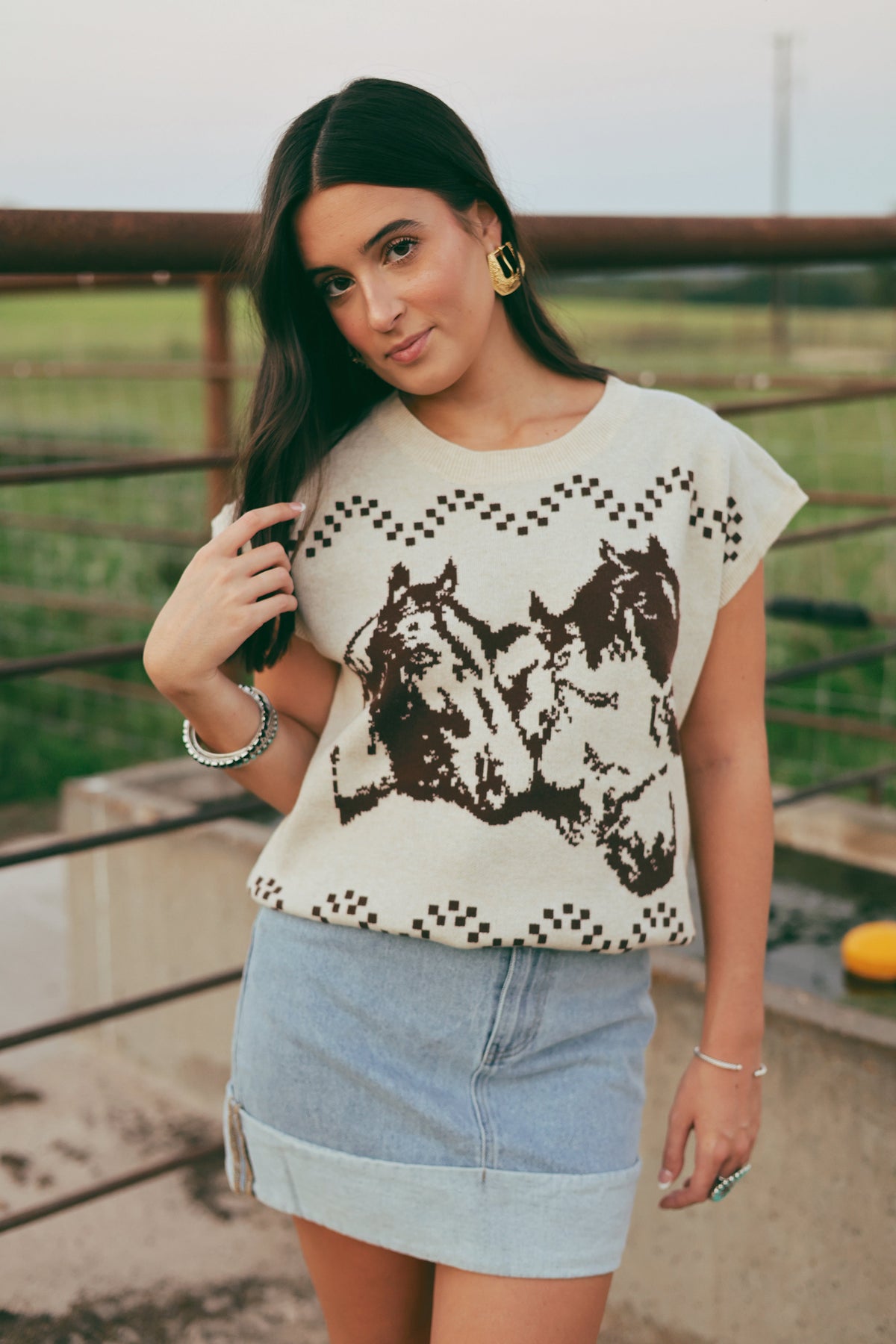 Western Vogue Boutique Thoroughbred sweater vest, stylish outerwear with a classic fit and textured knit fabric.