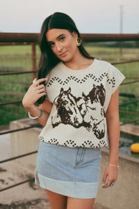 Western Vogue Boutique Thoroughbred sweater vest, stylish outerwear with a classic fit and textured knit fabric.