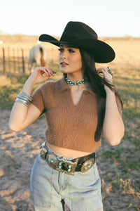 Western Vogue Boutique Bray Mocha Women's Summer Top, lightweight sleeveless blouse with stylish neckline detail.