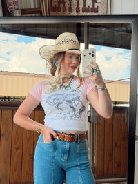 Women's The Cowboy Doodle T-Shirt by Western Vogue Boutique, featuring a stylish cowboy doodle design on a casual top.