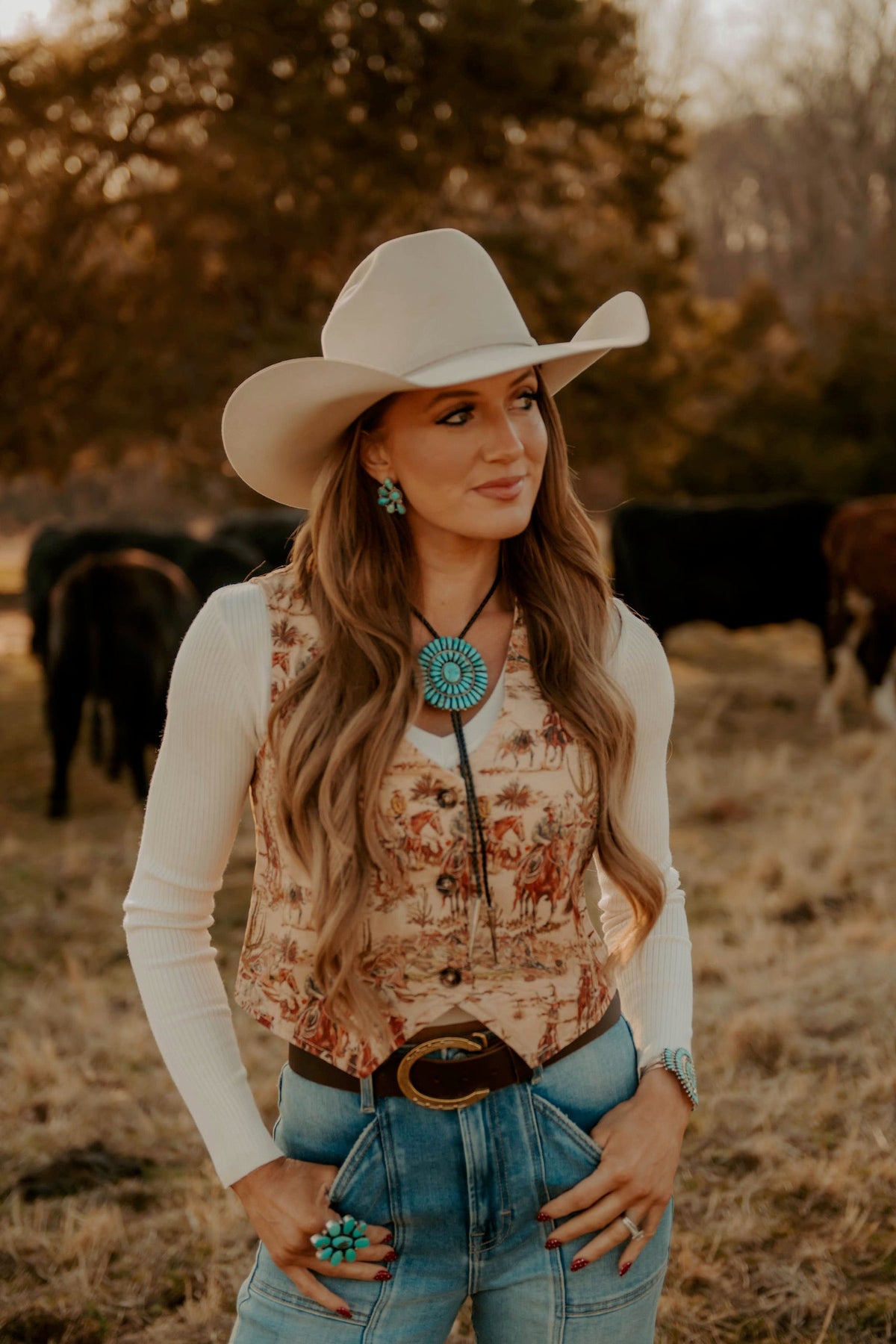 Western Vogue Boutique Deadwood women's vest, stylish Western-themed top with fringe and embroidery details, front view.