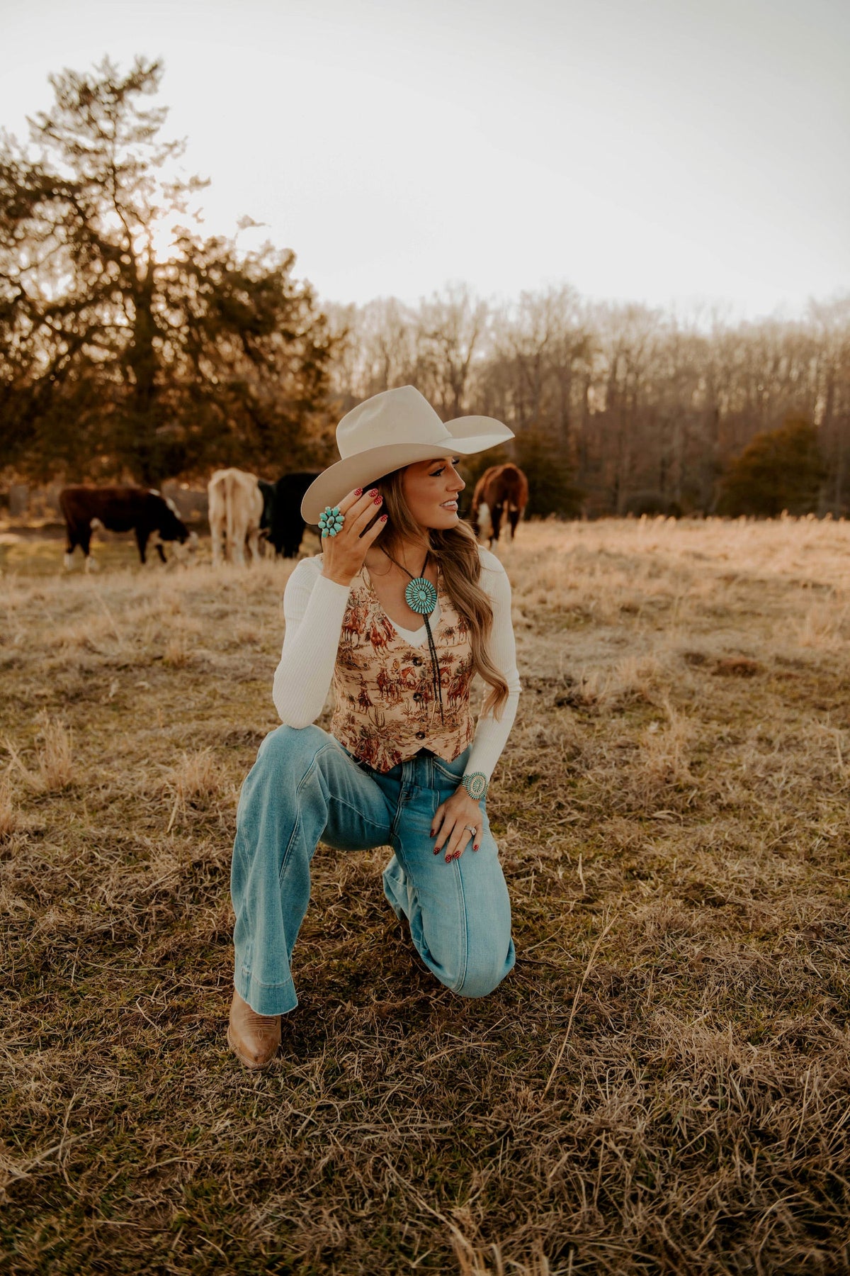 Western Vogue Boutique Deadwood Women's vest, stylish western tops with leather accents, shown on a model.