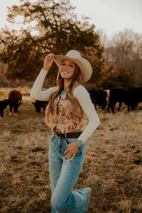 Women's Deadwood vest from Western Vogue Boutique, stylish top with Western-inspired details and a fitted silhouette.