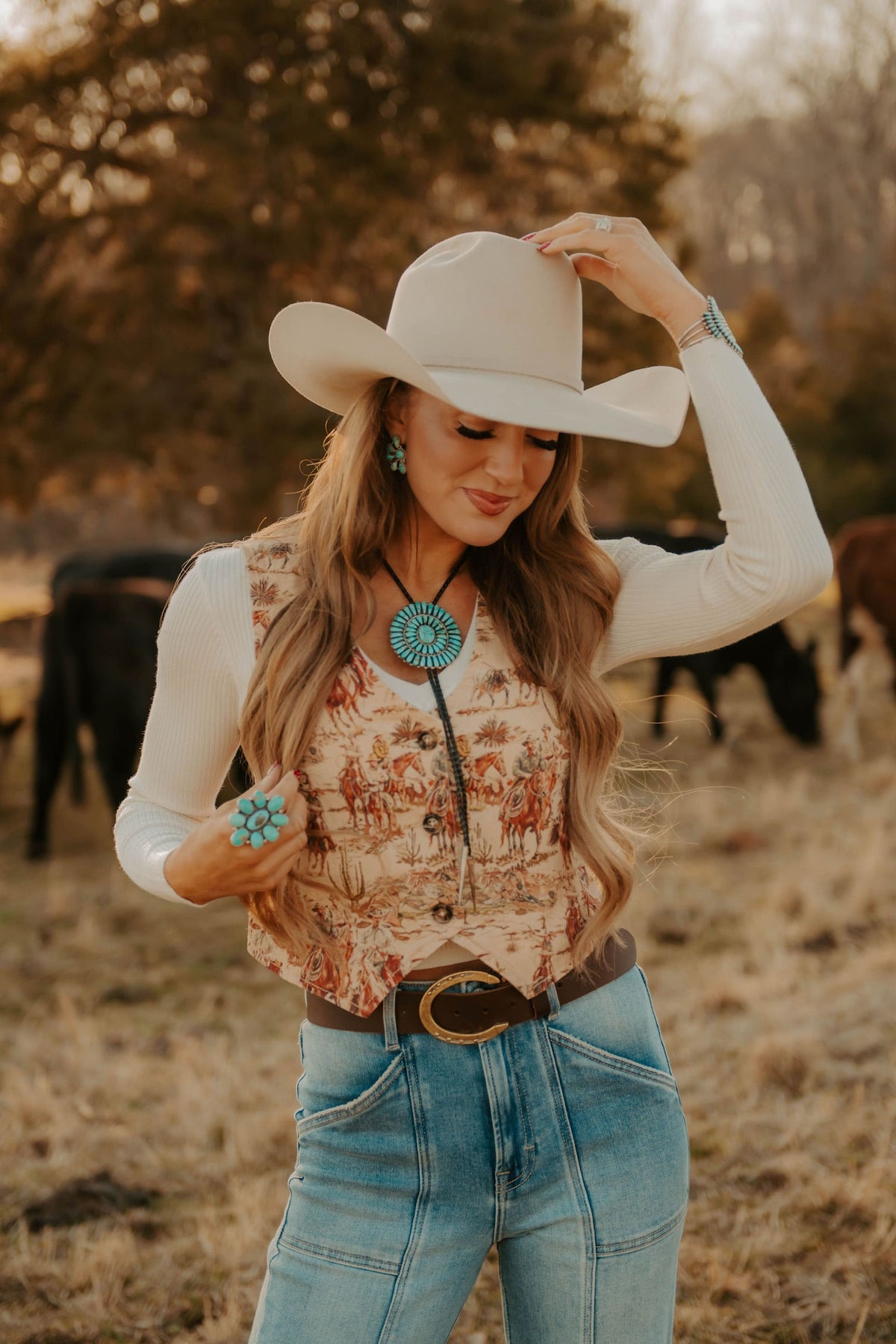 The Deadwood Women's Vest by Western Vogue Boutique, stylish western-inspired sleeveless top with fringe and embroidery details.