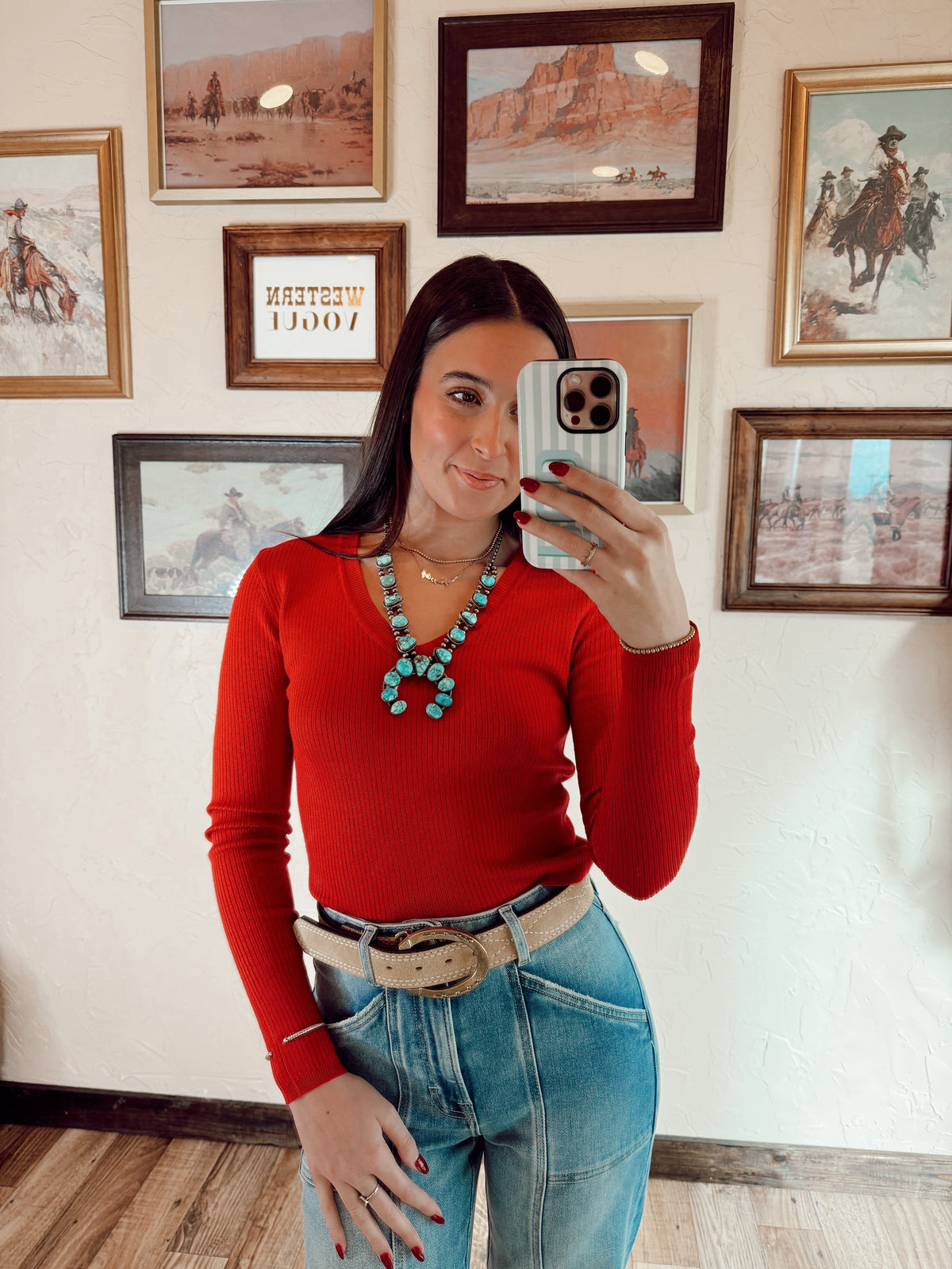 Western Vogue Boutique Sloan Top in vibrant red, stylish women's blouse with a flattering fit and classic design.