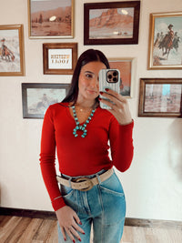 Western Vogue Boutique Sloan Top in vibrant red, stylish women's blouse with a flattering fit and classic design.