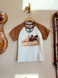 Western Vogue Boutique The Stampede Horses T-Shirt featuring a western horse design on casual top for men or women.