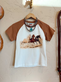 Western Vogue Boutique The Stampede Horses T-Shirt, casual tops featuring a Western horse design, displayed on a hanger.