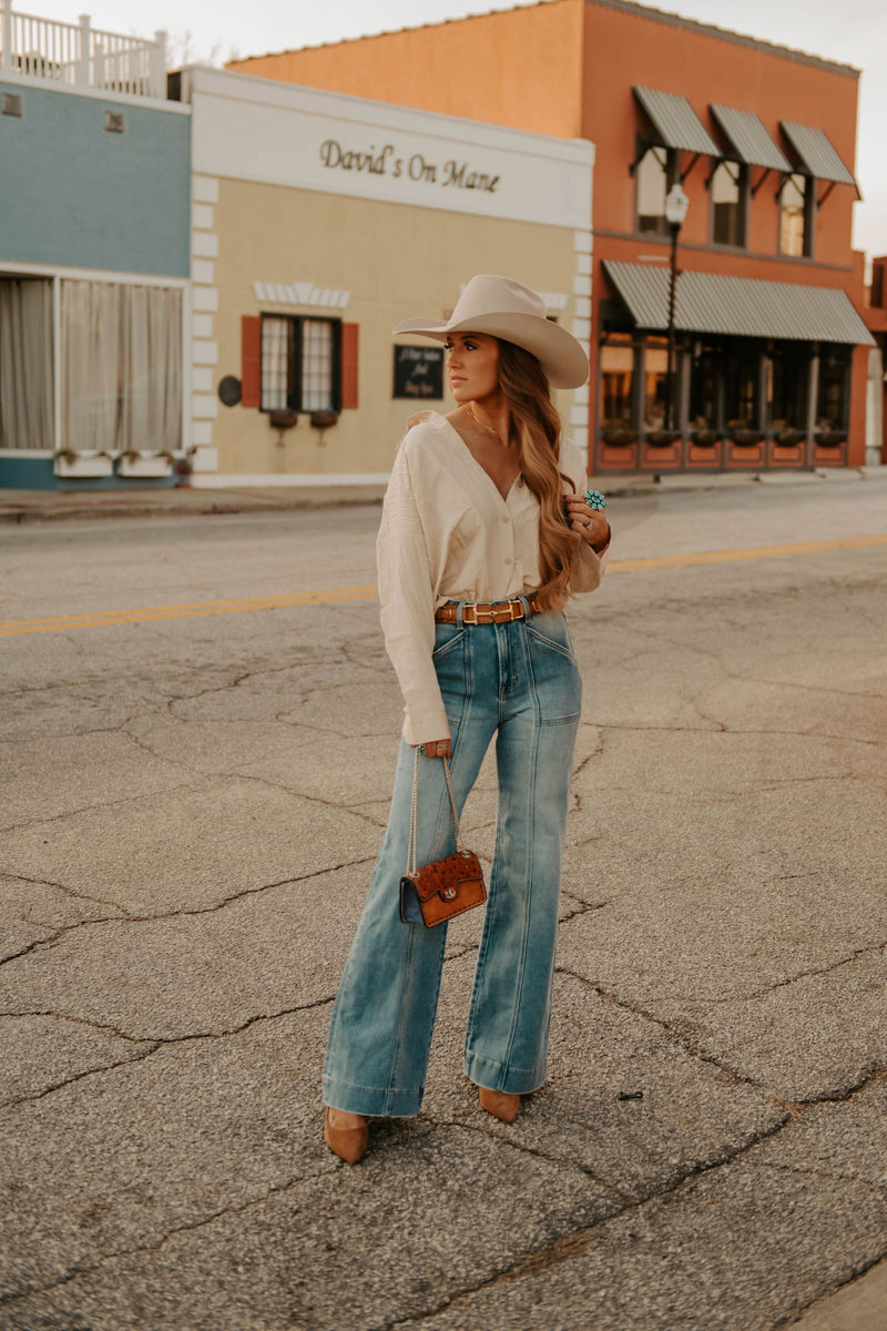 Ecru Tulsa Top by Western Vogue Boutique, lightweight casual blouse with relaxed fit and short sleeves, stylish everyday wear.