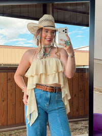 White Bryn Luxe Cascade Halter top by Western Vogue Boutique, featuring a flowing design and halter neckline.