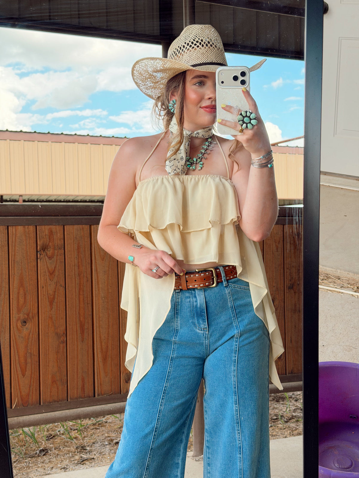 Bryn Luxe Cascade Halter top in white, stylish sleeveless blouse with cascading front, from Western Vogue Boutique.