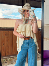 Bryn Luxe Cascade Halter top in white, stylish sleeveless blouse with cascading front, from Western Vogue Boutique.