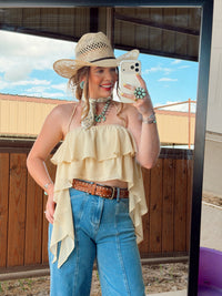 White Bryn Luxe Cascade Halter top from Western Vogue Boutique, featuring a flowy halter design and stylish details.