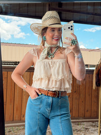 Lady Hunter Ruffle Top from Western Vogue Boutique, featuring feminine ruffle details and stylish design, perfect for casual wear.