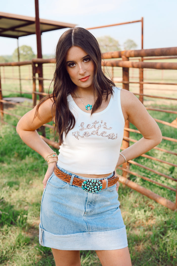 Western Vogue Boutique Let's Rodeo Tank Top, casual sleeveless top with western-inspired design, shown in size XS.