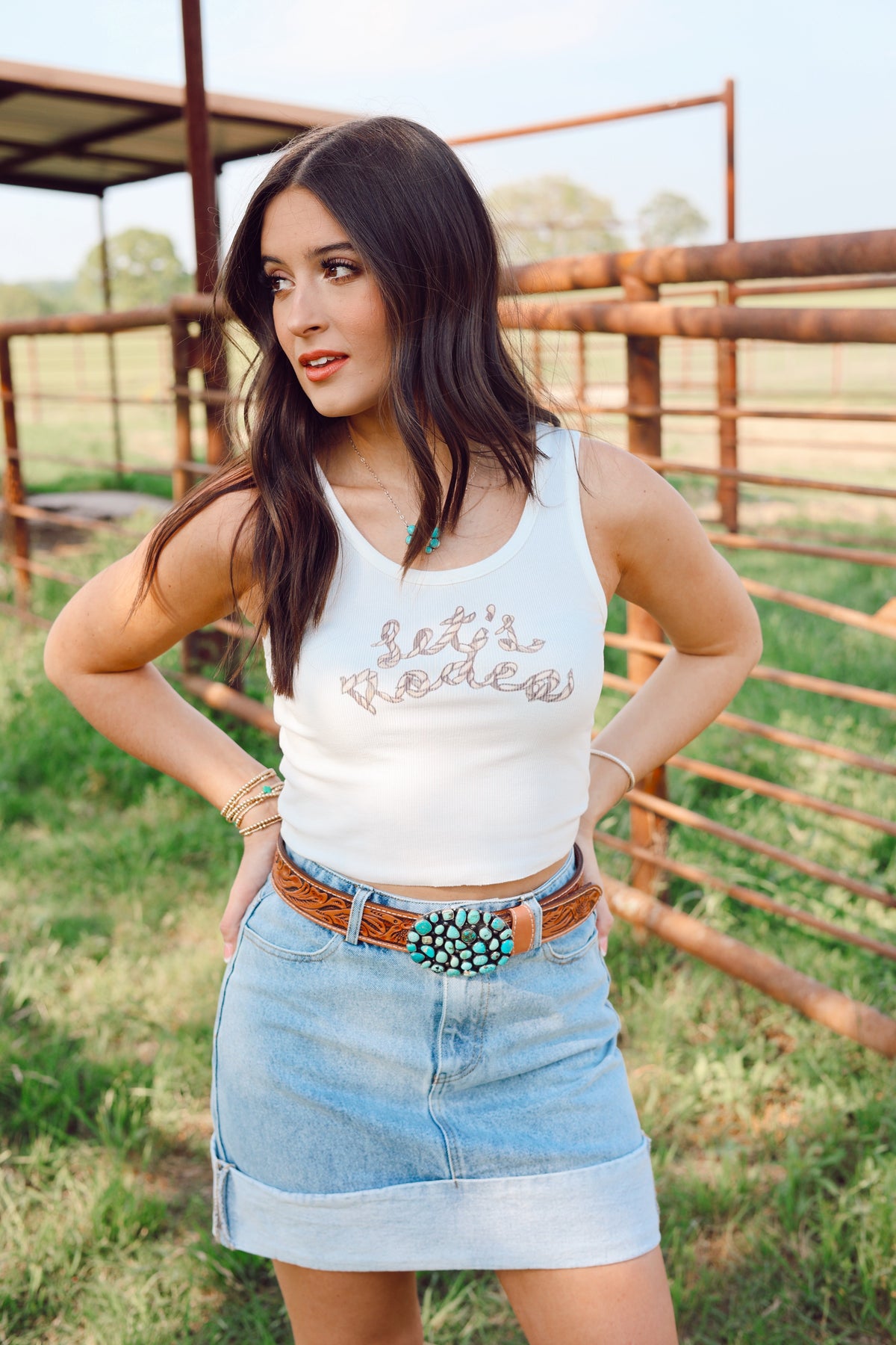 Western Vogue Boutique Let's Rodeo Tank Top, light blue sleeveless top with western-inspired design, casual summer fashion.