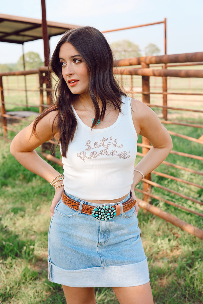 Western Vogue Boutique Let's Rodeo Tank Top, light blue sleeveless top with western-inspired design, casual summer fashion.