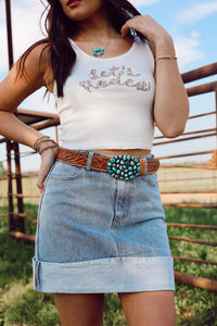 Western Vogue Boutique Let's Rodeo Tank Top, casual sleeveless top in light fabric, displayed on a white background.